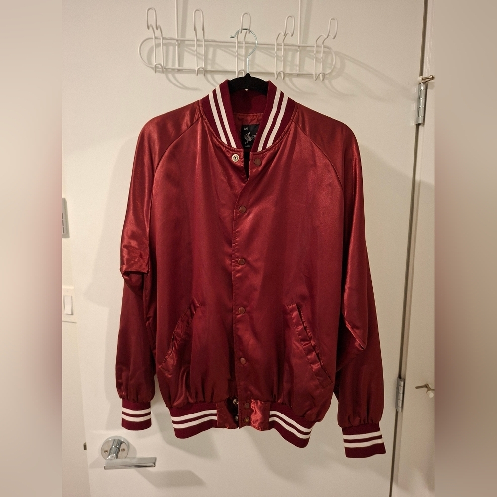 Vintage Burgundy Satin Bomber Jacket with Retro Bazooka Joes Graphic (Size L)